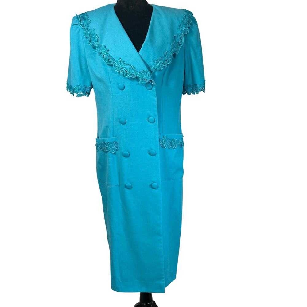 Vintage 80s Aqua Blue Midi Dress Women's 12 Lace Trim Double Breasted